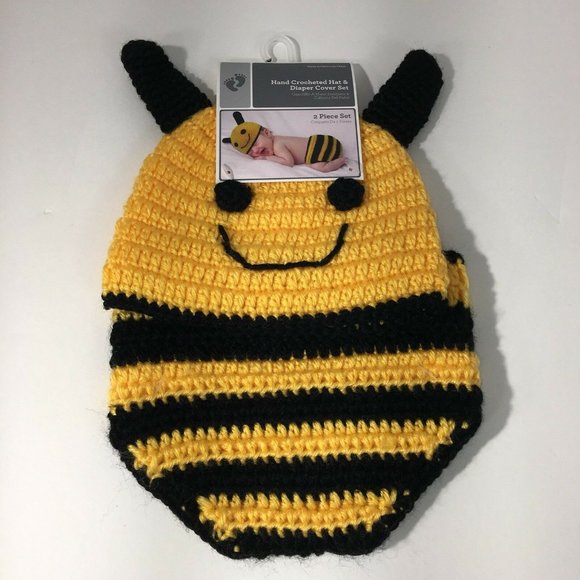 Hand Crocheted Hat And Diaper Cover Bumble Bee Sz 0-9 Months Infant Baby Photo - Picture 9 of 12